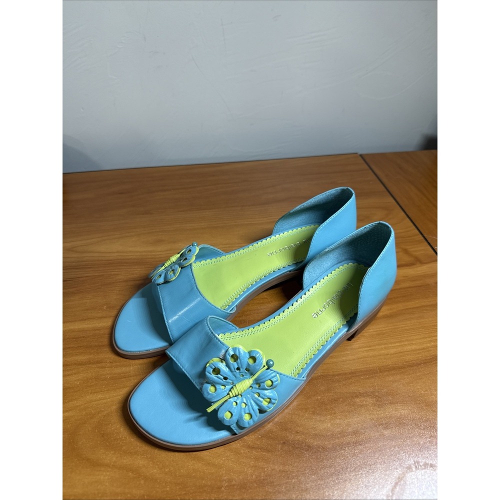 Liz Claiborne Monarch Slip On Flat Sandal Blue Green Vintage Flower Leather W8